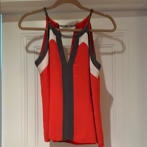Chic Red and Gray Sleeveless Top with chain detail